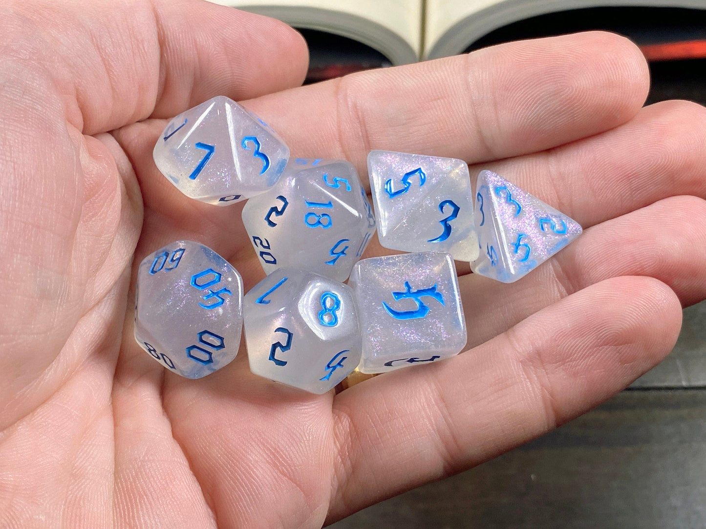 The Crooked Tavern Dice Sets Icewind RPG Dice Set | White Sparkles with Blue Font!