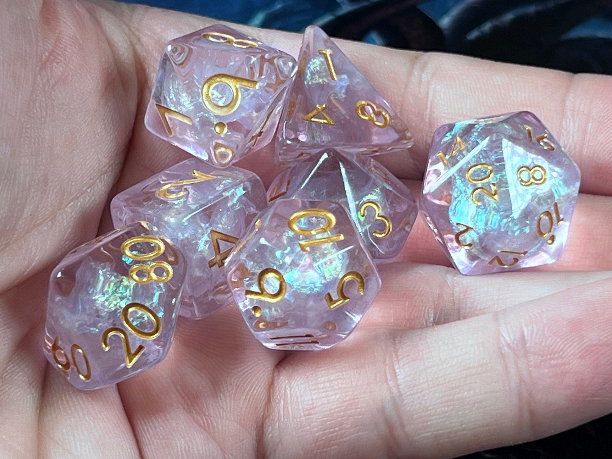 The Crooked Tavern Dice Sets Luminant Pearl RPG Dice Set | Pink Resin Swimming with Pearl Foil