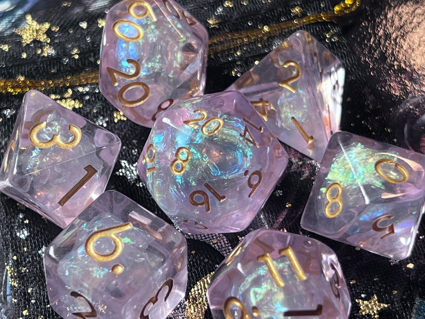 The Crooked Tavern Dice Sets Luminant Pearl RPG Dice Set | Pink Resin Swimming with Pearl Foil