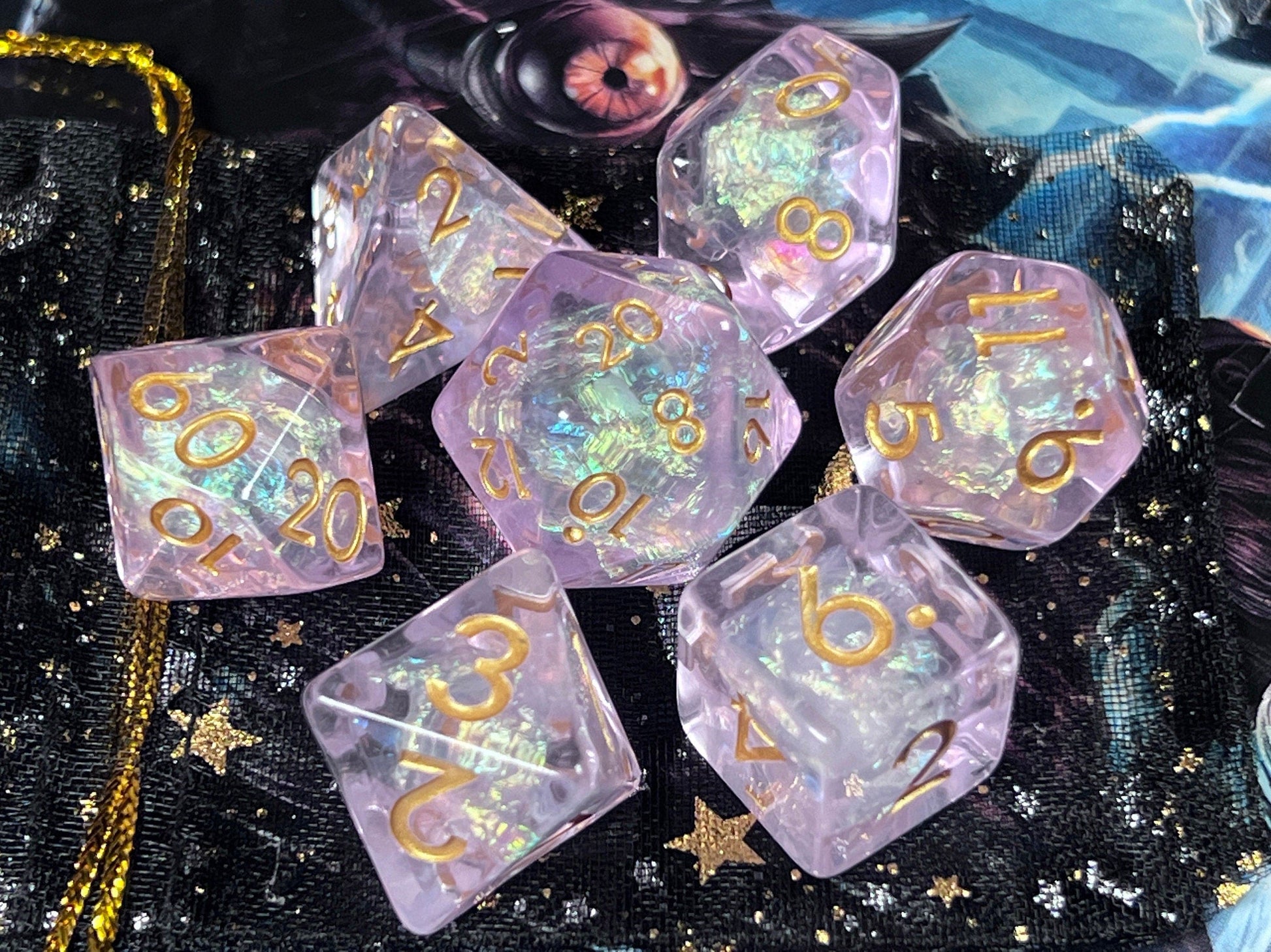 The Crooked Tavern Dice Sets Luminant Pearl RPG Dice Set | Pink Resin Swimming with Pearl Foil