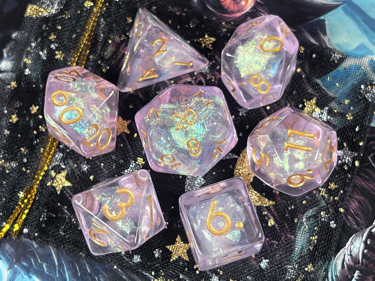 The Crooked Tavern Dice Sets Luminant Pearl RPG Dice Set | Pink Resin Swimming with Pearl Foil