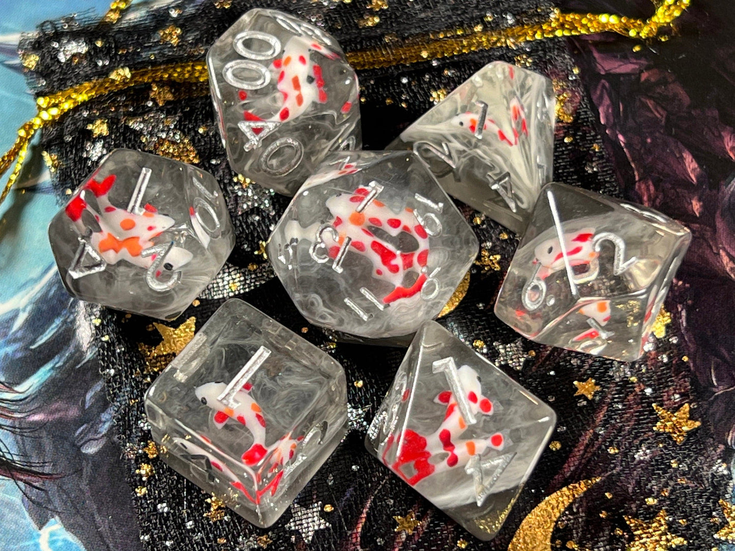 The Crooked Tavern Dice Sets Midnight Koi Fish RPG Dice Set | Red Koi Fish with Swirling Dark Resin