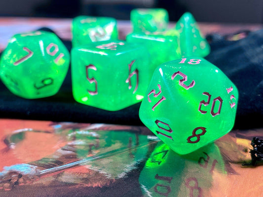 The Crooked Tavern Dice Sets Mischief RPG Dice Set | Green and Purple iridescent sparkle dice!