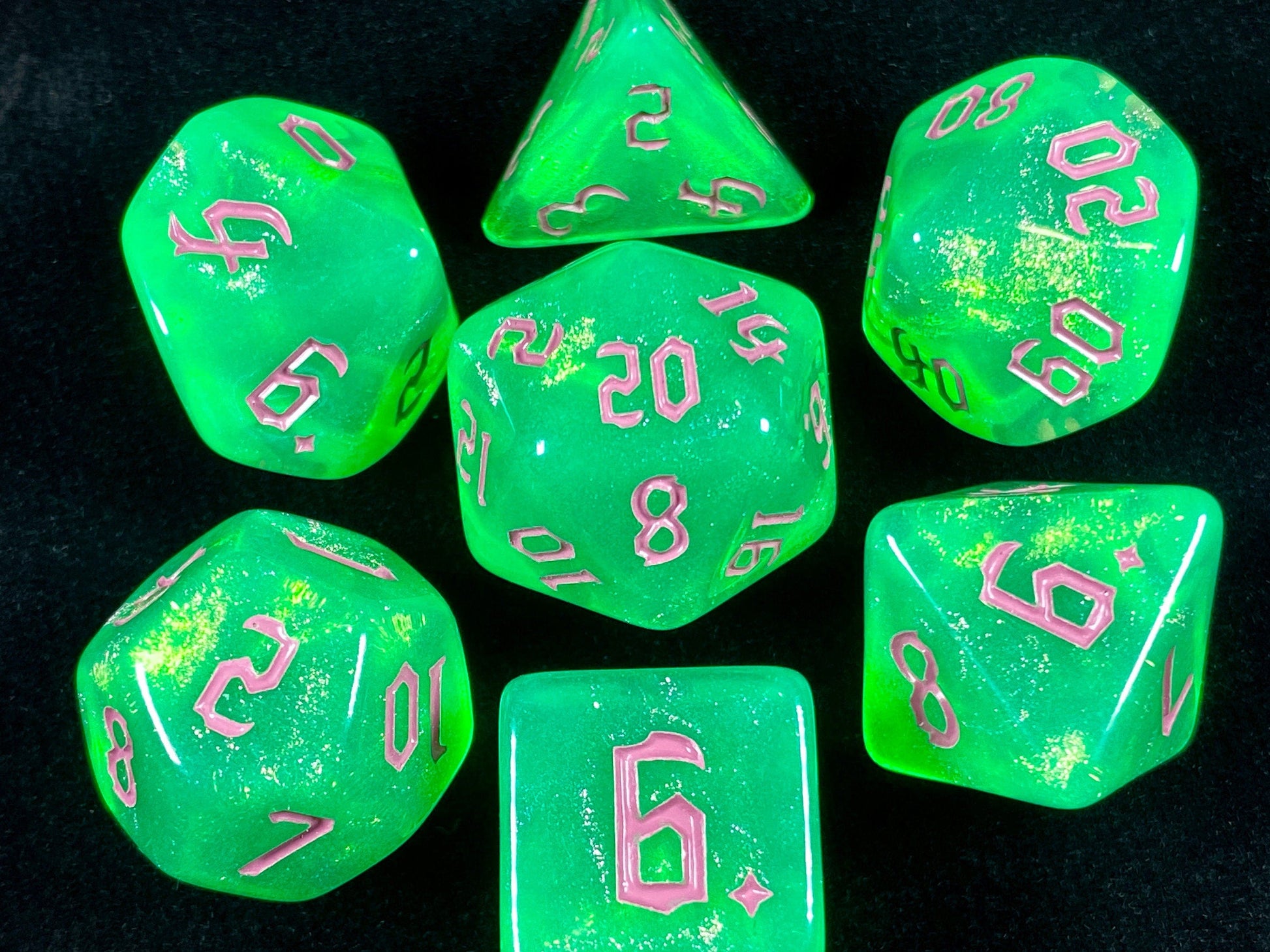 The Crooked Tavern Dice Sets Mischief RPG Dice Set | Green and Purple iridescent sparkle dice!