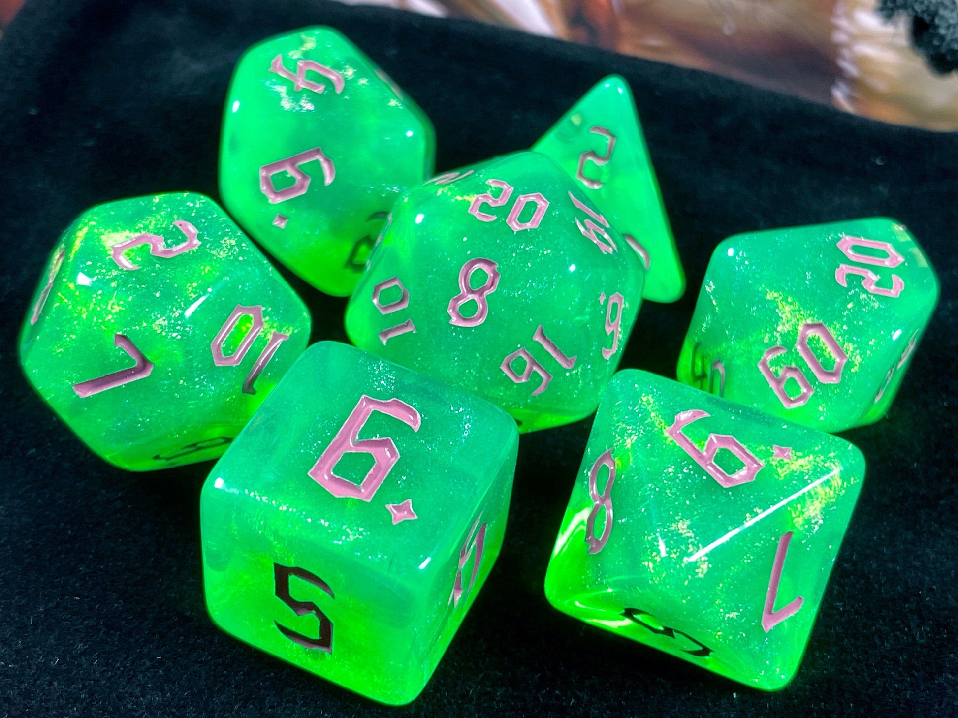 The Crooked Tavern Dice Sets Mischief RPG Dice Set | Green and Purple iridescent sparkle dice!