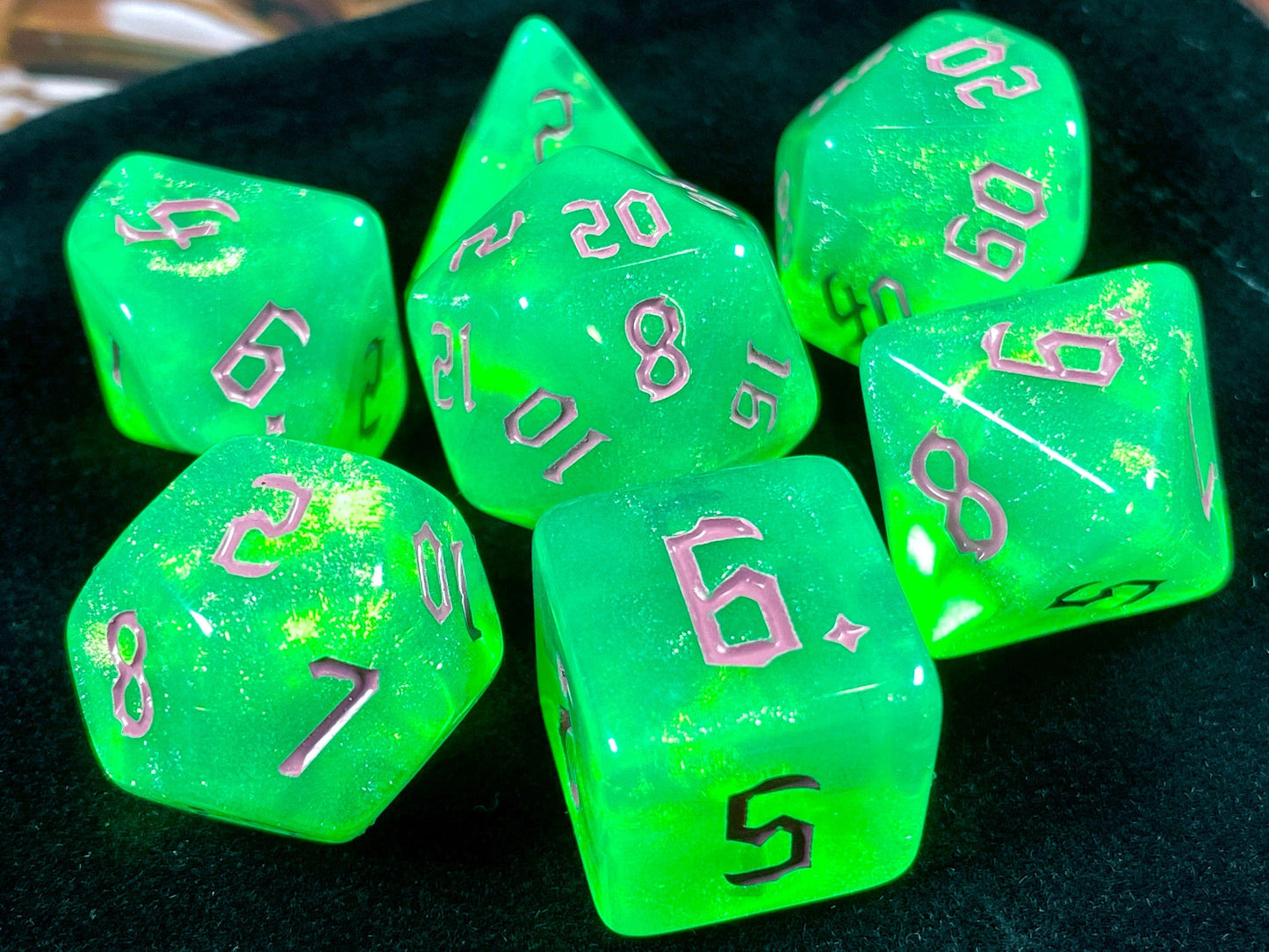 The Crooked Tavern Dice Sets Mischief RPG Dice Set | Green and Purple iridescent sparkle dice!