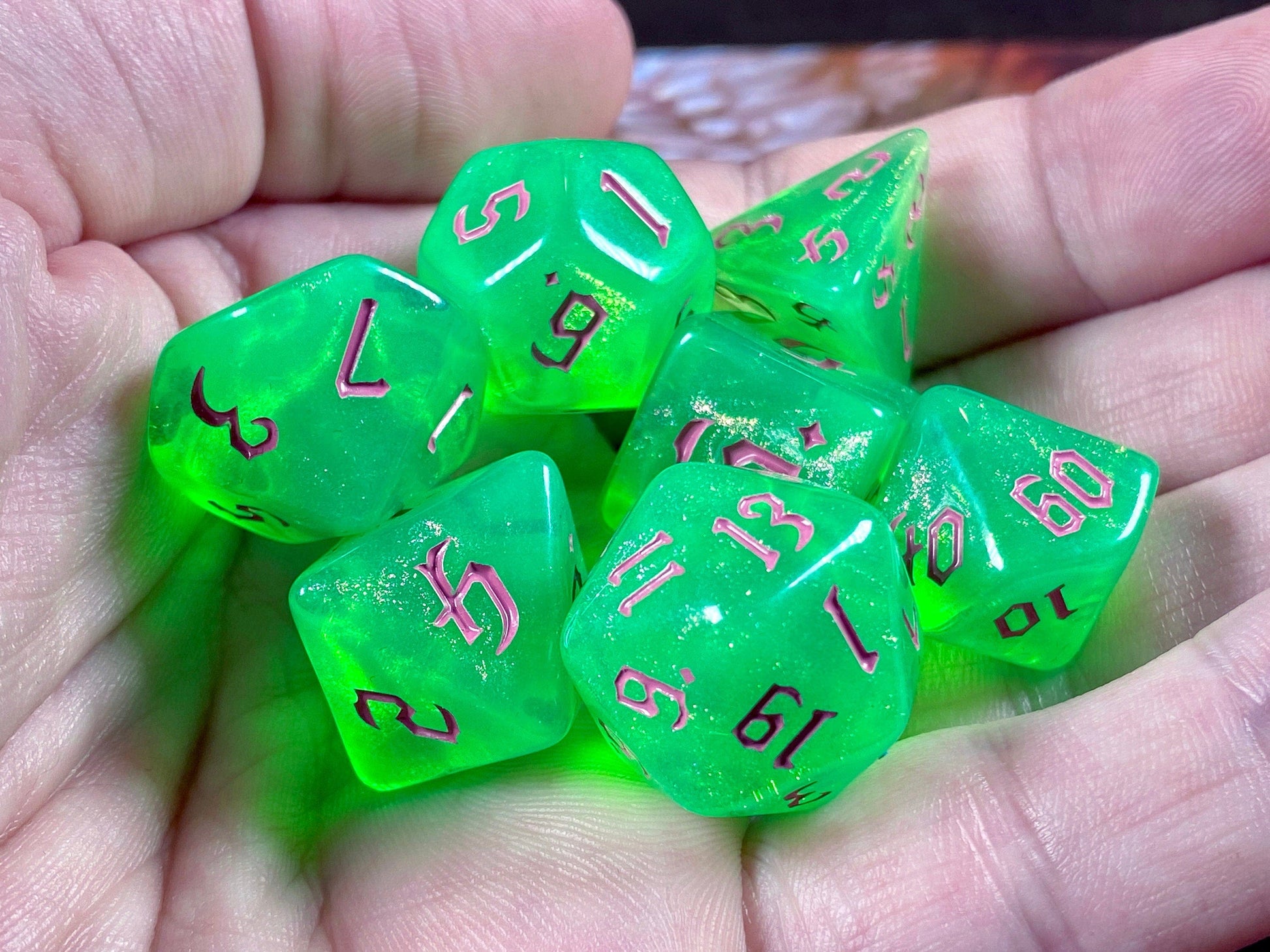 The Crooked Tavern Dice Sets Mischief RPG Dice Set | Green and Purple iridescent sparkle dice!