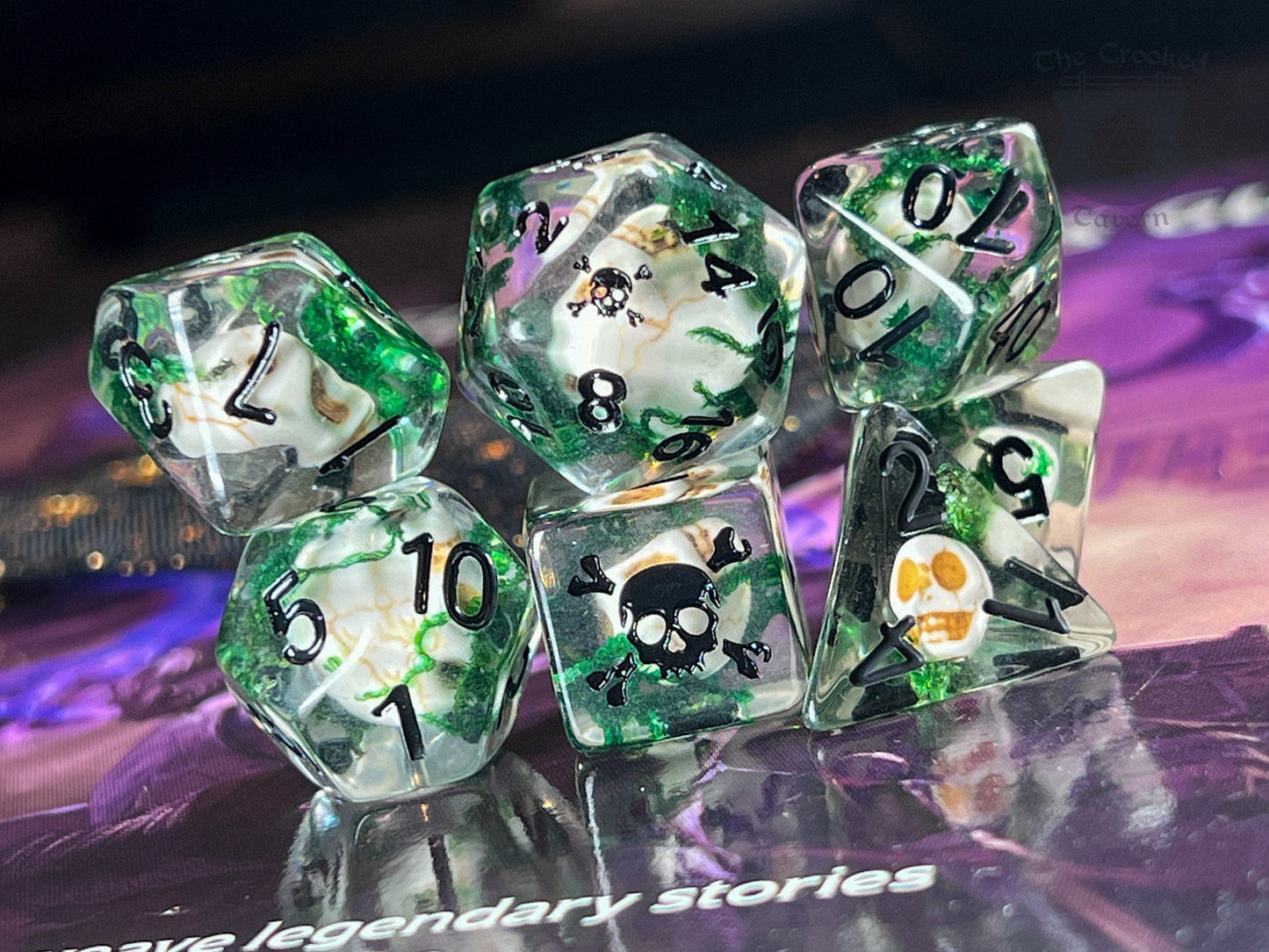 The Crooked Tavern Dice Sets Pirate Skull RPG Dice Set | Skulls and Real Moss inside!