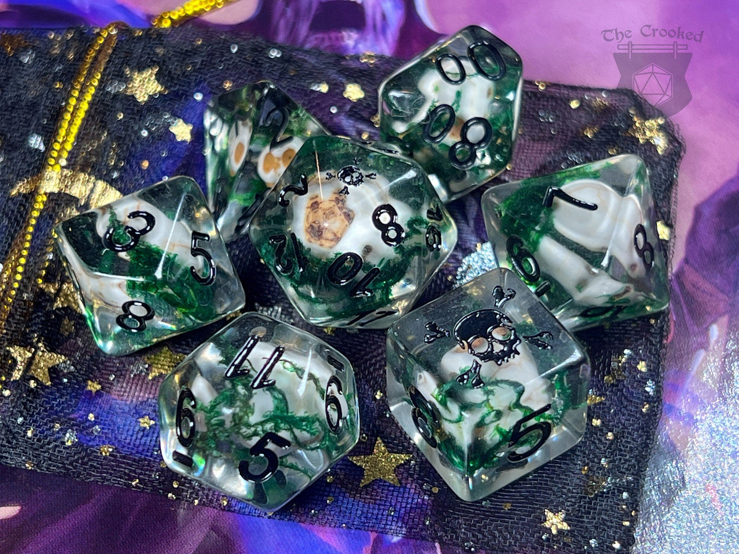 The Crooked Tavern Dice Sets Pirate Skull RPG Dice Set | Skulls and Real Moss inside!