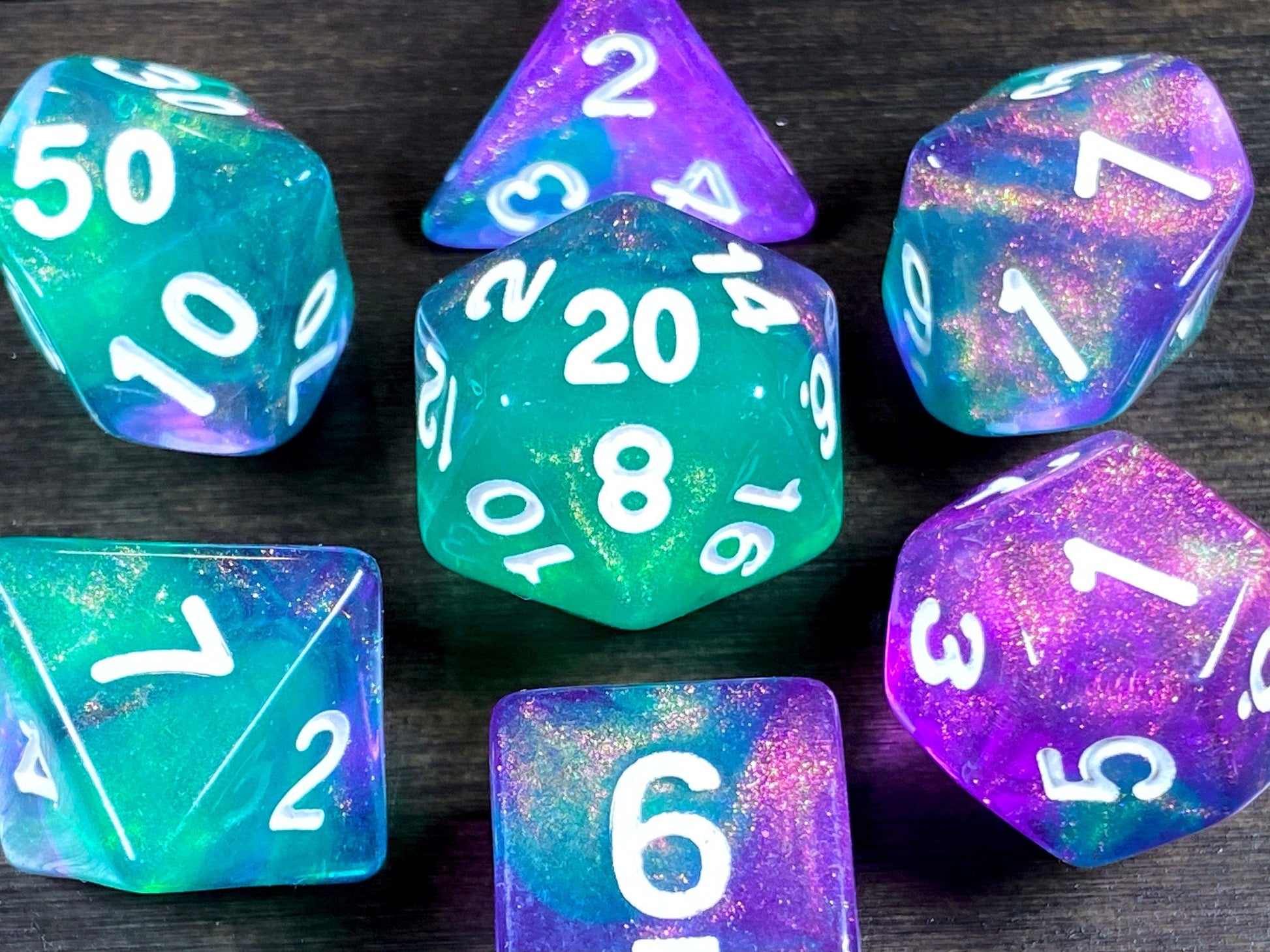 The Crooked Tavern Dice Sets Poison Trap RPG Dice Set | Green and Purple Swirling Iridescent Sparkles!