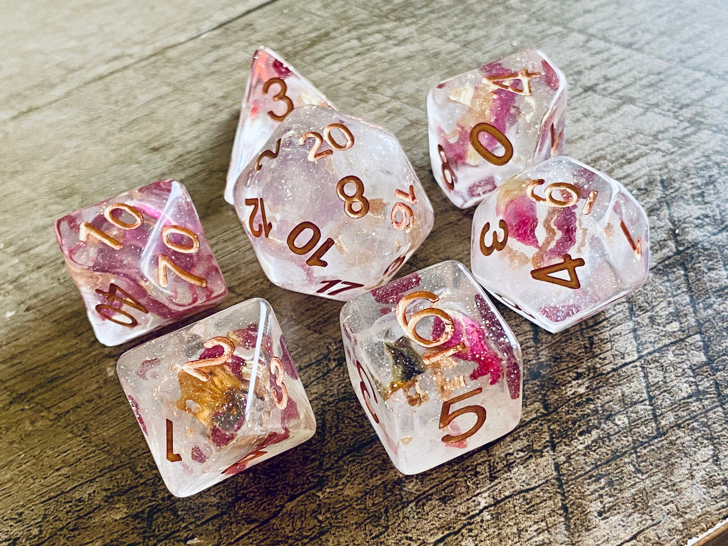 The Crooked Tavern Dice Sets Rose Petal RPG Dice Set | Real Rose Petals inside!