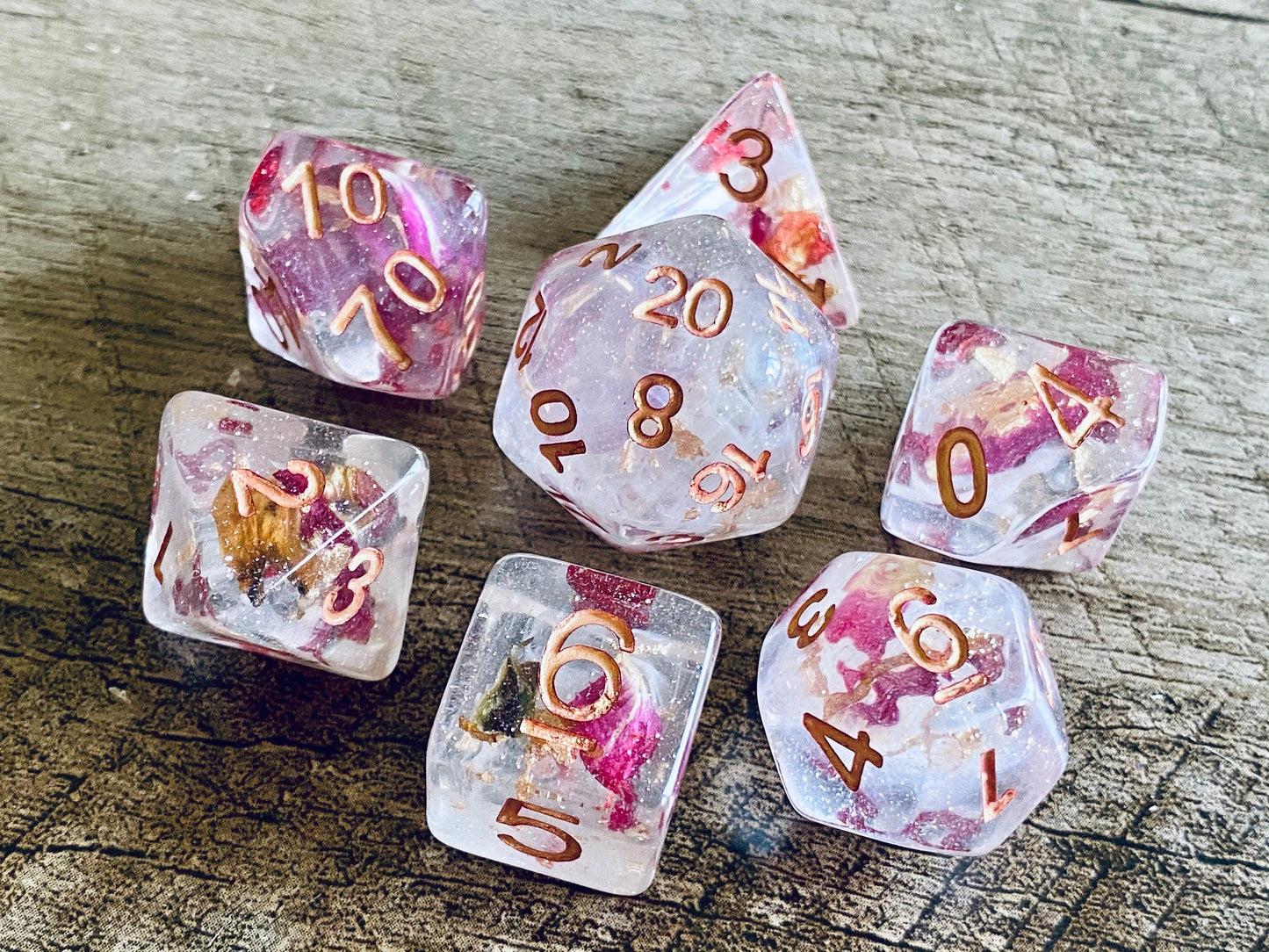 The Crooked Tavern Dice Sets Rose Petal RPG Dice Set | Real Rose Petals inside!