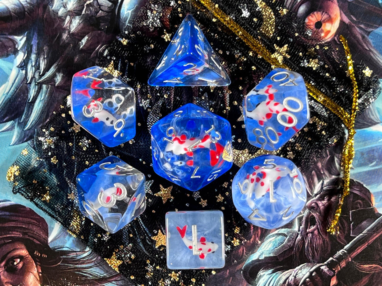 The Crooked Tavern Dice Sets Sapphire Koi RPG Dice Set | Red Koi Fish with Swirling Blue Resin!