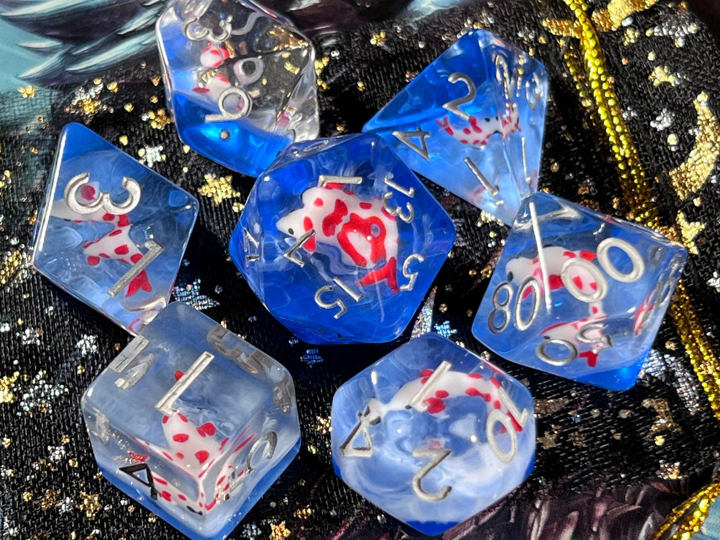 The Crooked Tavern Dice Sets Sapphire Koi RPG Dice Set | Red Koi Fish with Swirling Blue Resin!