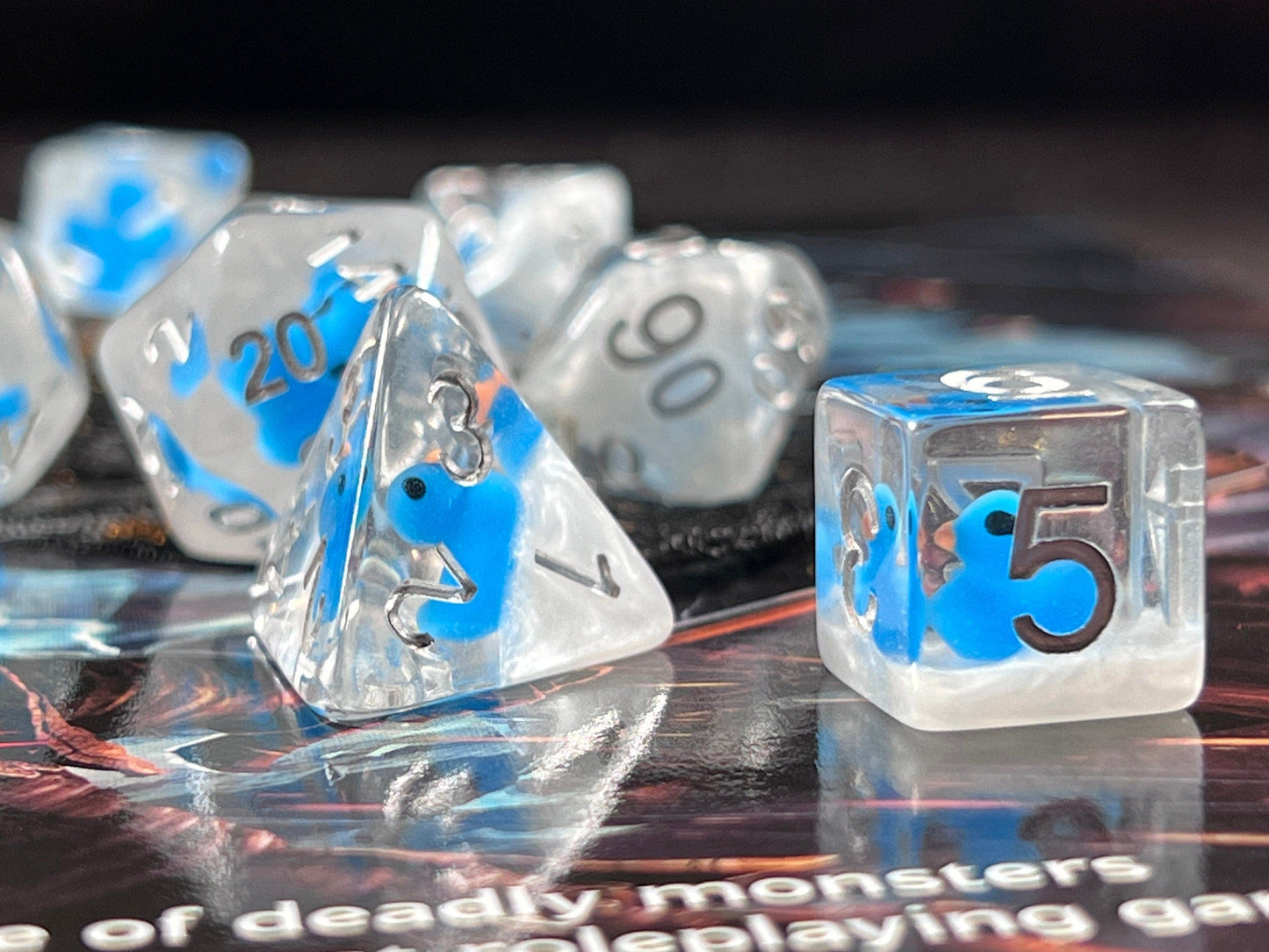 The Crooked Tavern Dice Sets Snow Ducky RPG Dice Set | Cute Blue Duck sitting on White Resin!