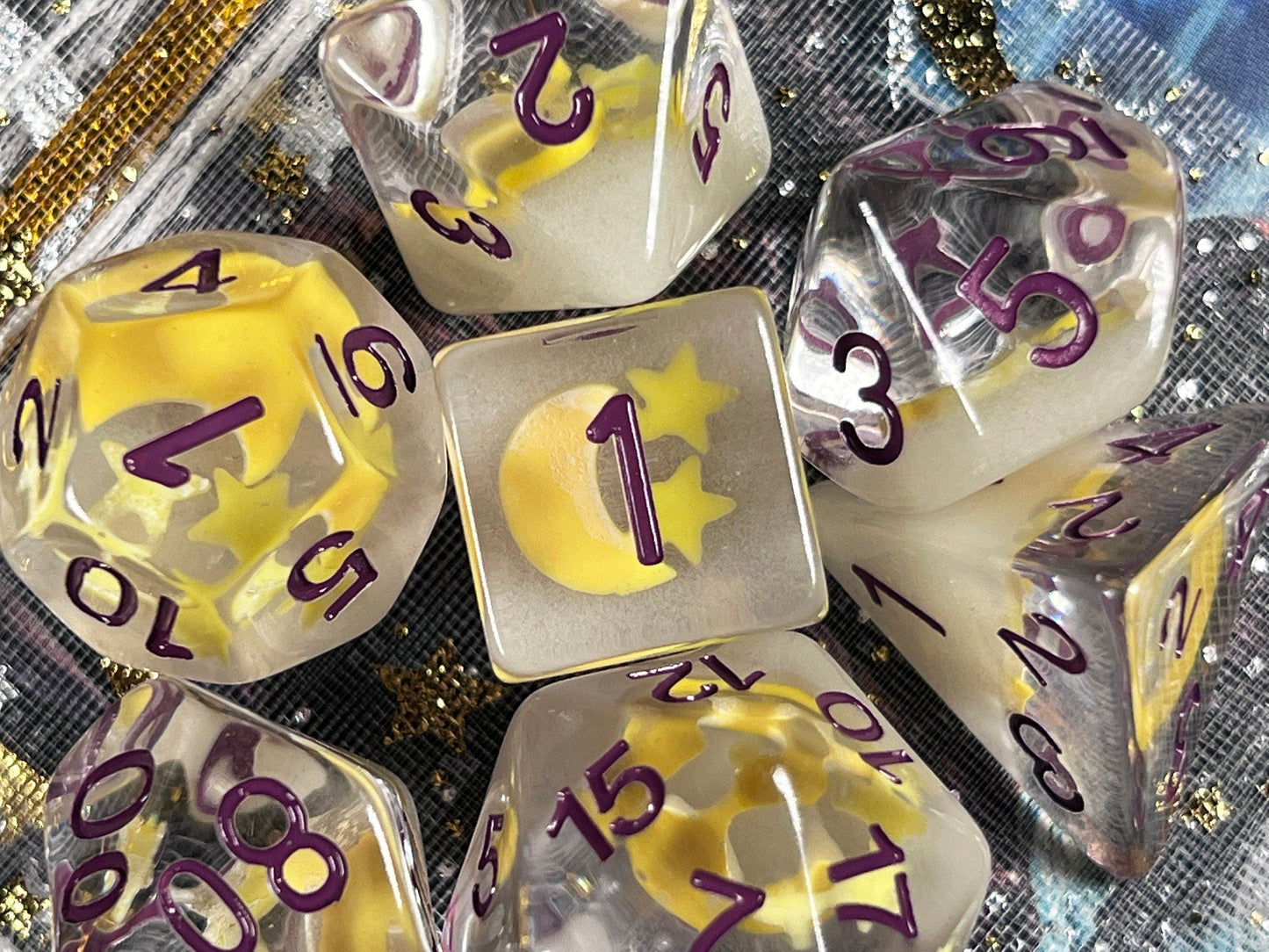 The Crooked Tavern Dice Sets Starry Night RPG Dice Set | Clear Resin with Moons and Stars Inside! (GLOW IN THE DARK!)