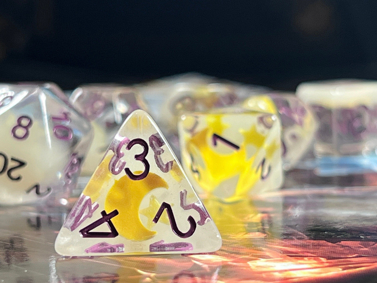 The Crooked Tavern Dice Sets Starry Night RPG Dice Set | Clear Resin with Moons and Stars Inside! (GLOW IN THE DARK!)