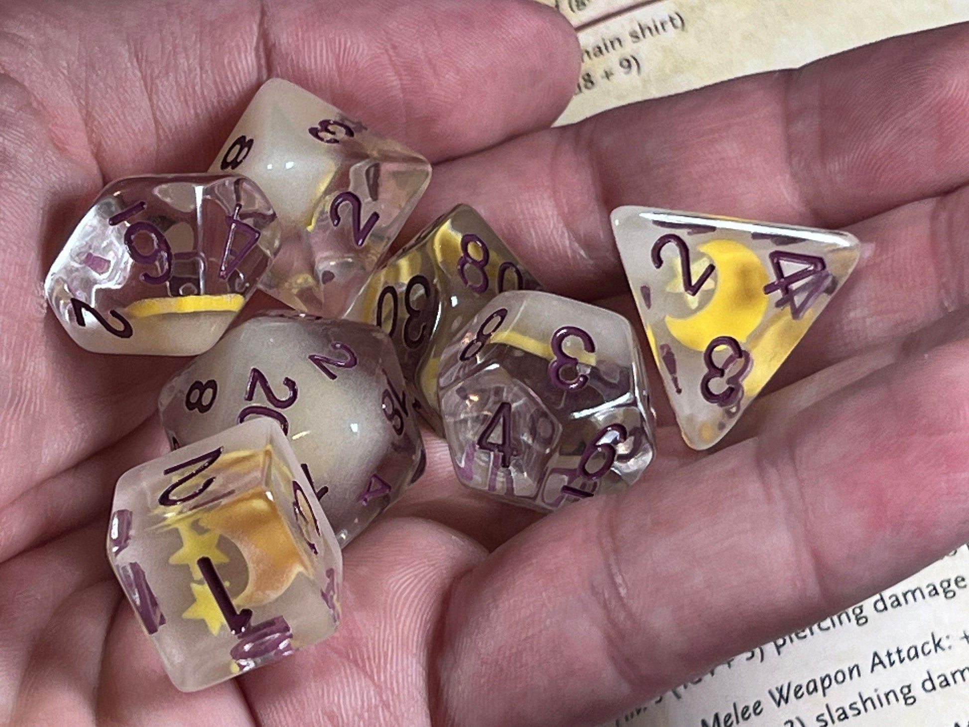 The Crooked Tavern Dice Sets Starry Night RPG Dice Set | Clear Resin with Moons and Stars Inside! (GLOW IN THE DARK!)