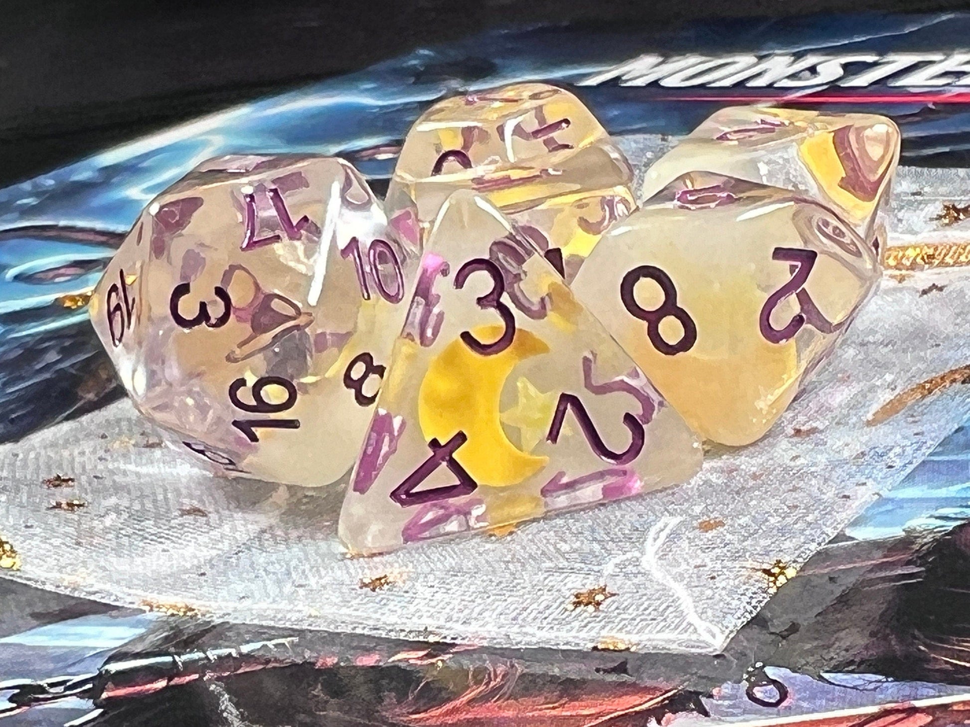 The Crooked Tavern Dice Sets Starry Night RPG Dice Set | Clear Resin with Moons and Stars Inside! (GLOW IN THE DARK!)
