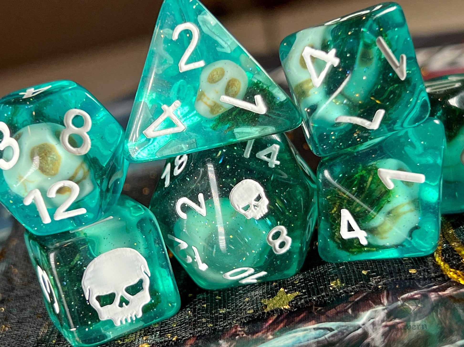 The Crooked Tavern Dice Sets Sunken Skull RPG Dice Set | Skulls and Real Moss inside! Skull Engraving!