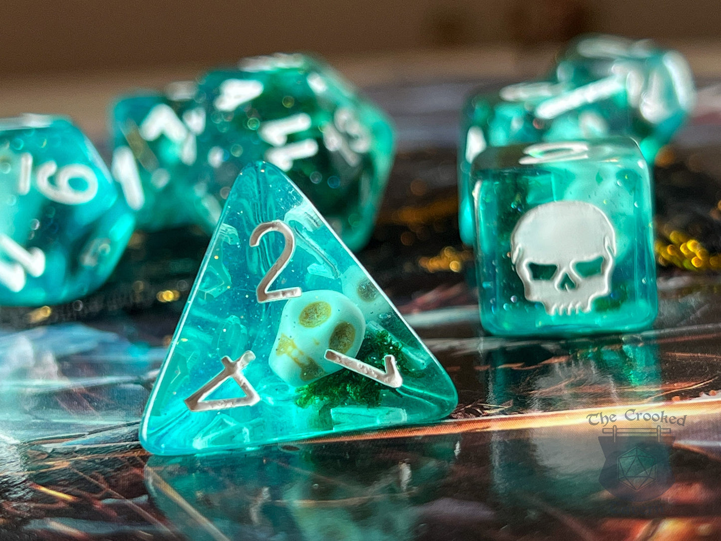 The Crooked Tavern Dice Sets Sunken Skull RPG Dice Set | Skulls and Real Moss inside! Skull Engraving!