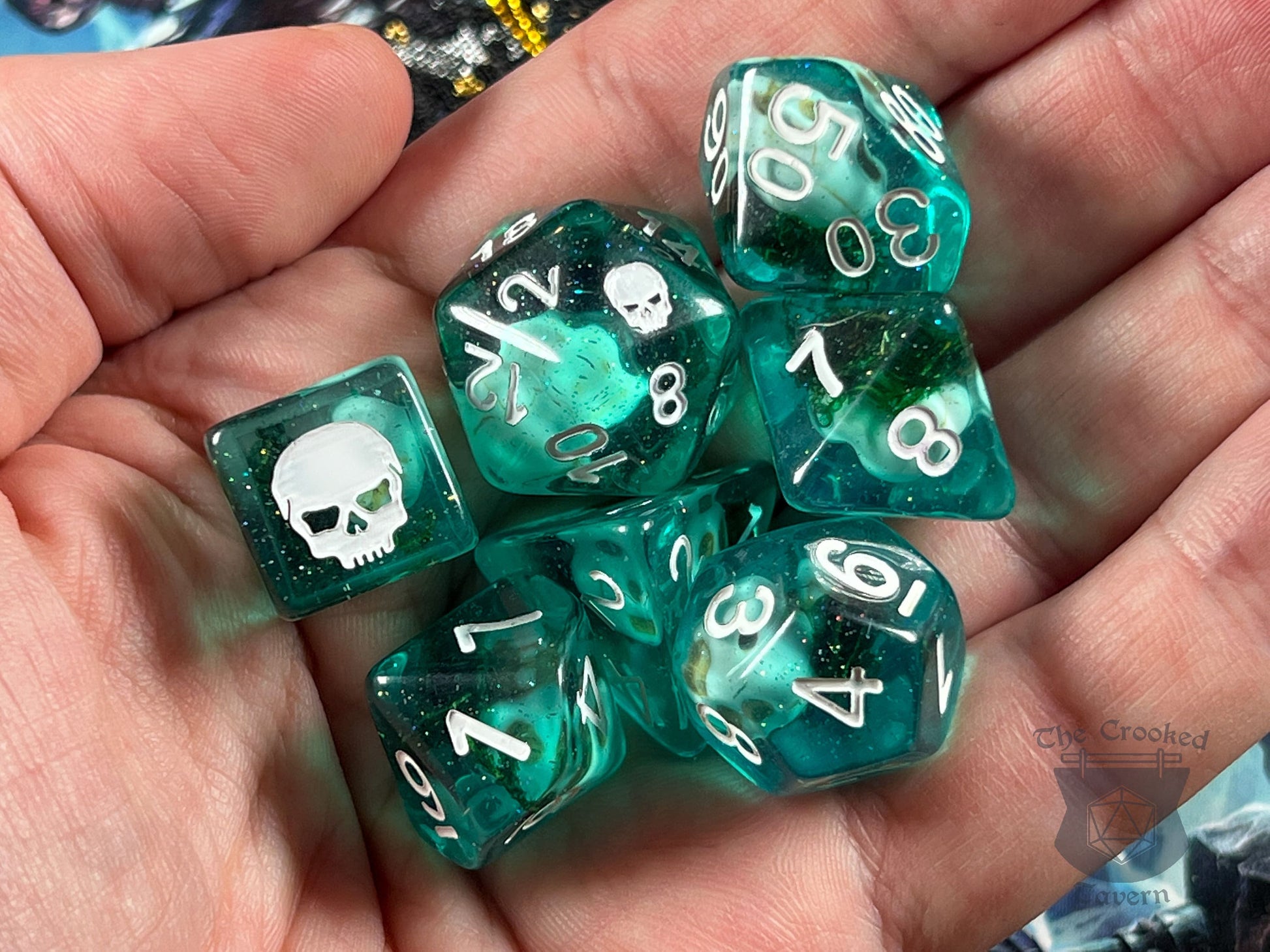 The Crooked Tavern Dice Sets Sunken Skull RPG Dice Set | Skulls and Real Moss inside! Skull Engraving!