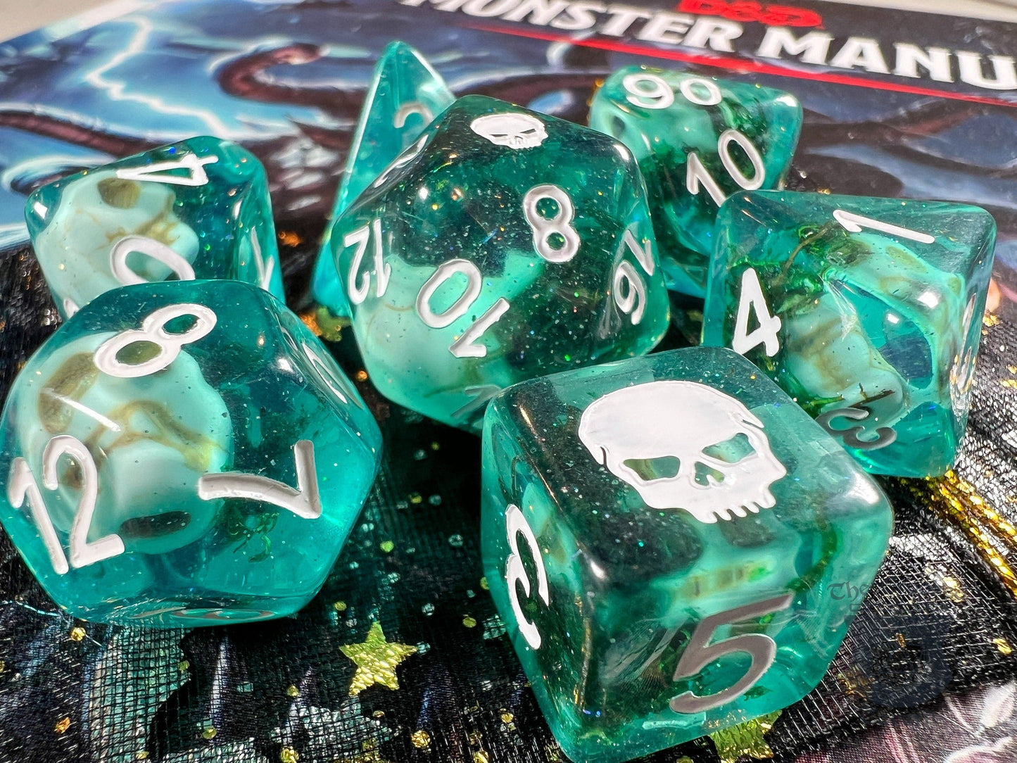 The Crooked Tavern Dice Sets Sunken Skull RPG Dice Set | Skulls and Real Moss inside! Skull Engraving!