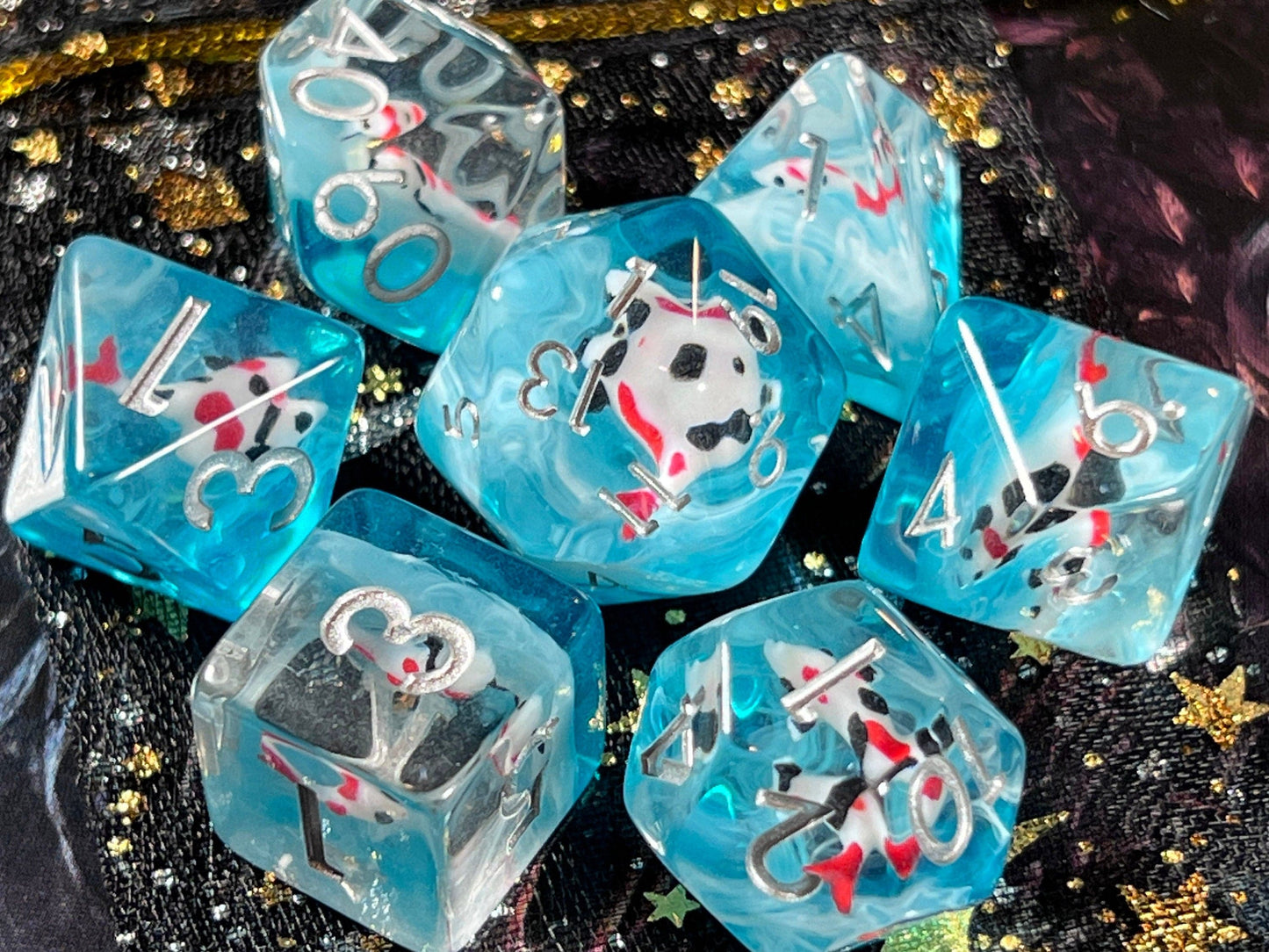 The Crooked Tavern Dice Sets Topaz Koi Fish RPG Dice Set | Red and Black Koi Fish with Swirling Blue Resin