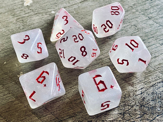 The Crooked Tavern Dice Sets Vampire RPG Dice Set | White with Blood Red Font!