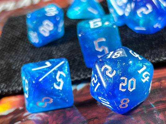 The Crooked Tavern Dice Sets Water Spirit RPG Dice Set | Blue iridescent sparkle dice!