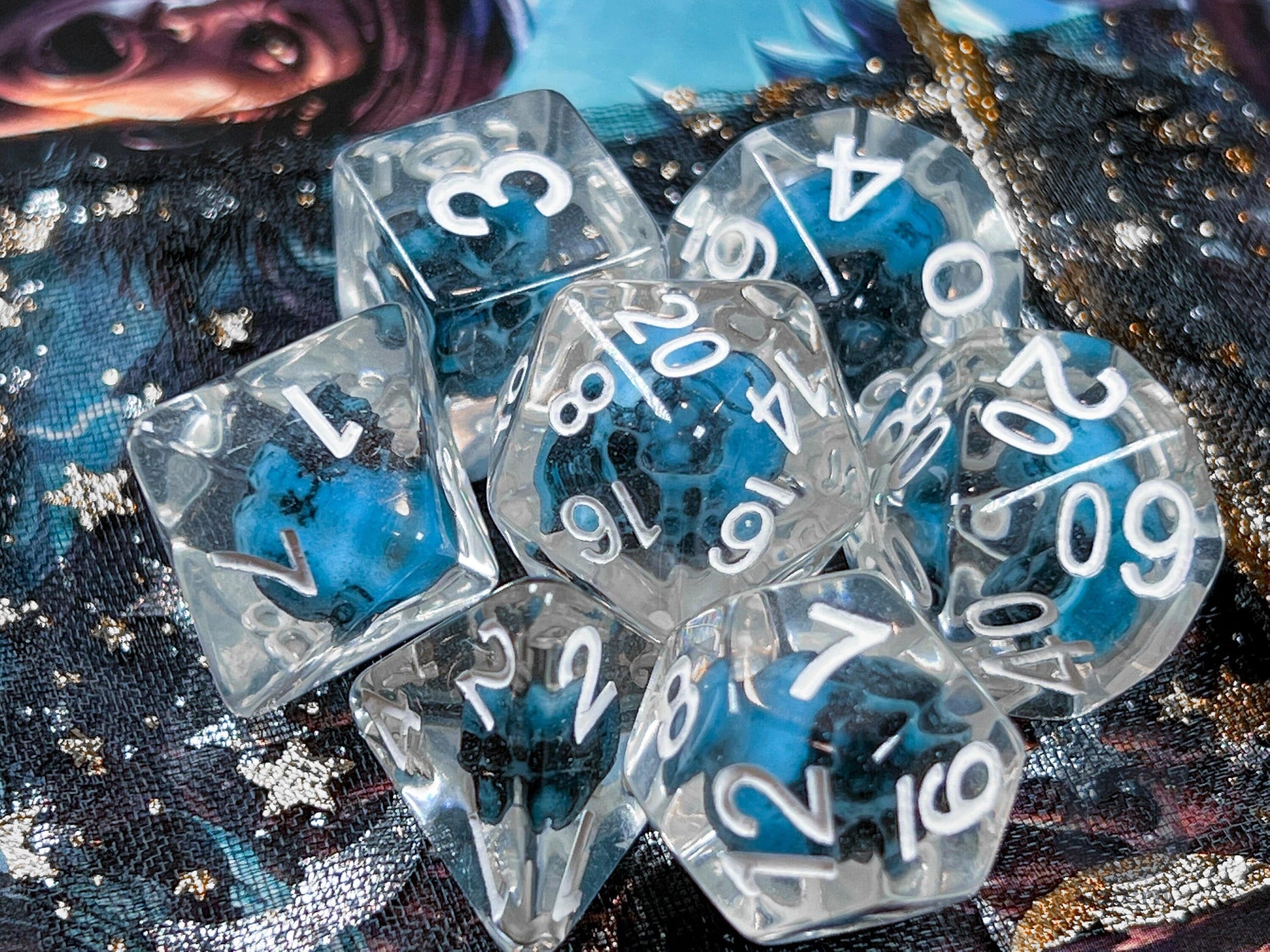 The Crooked Tavern Frozen Skull RPG Dice Set | Blue Skulls inside each die!