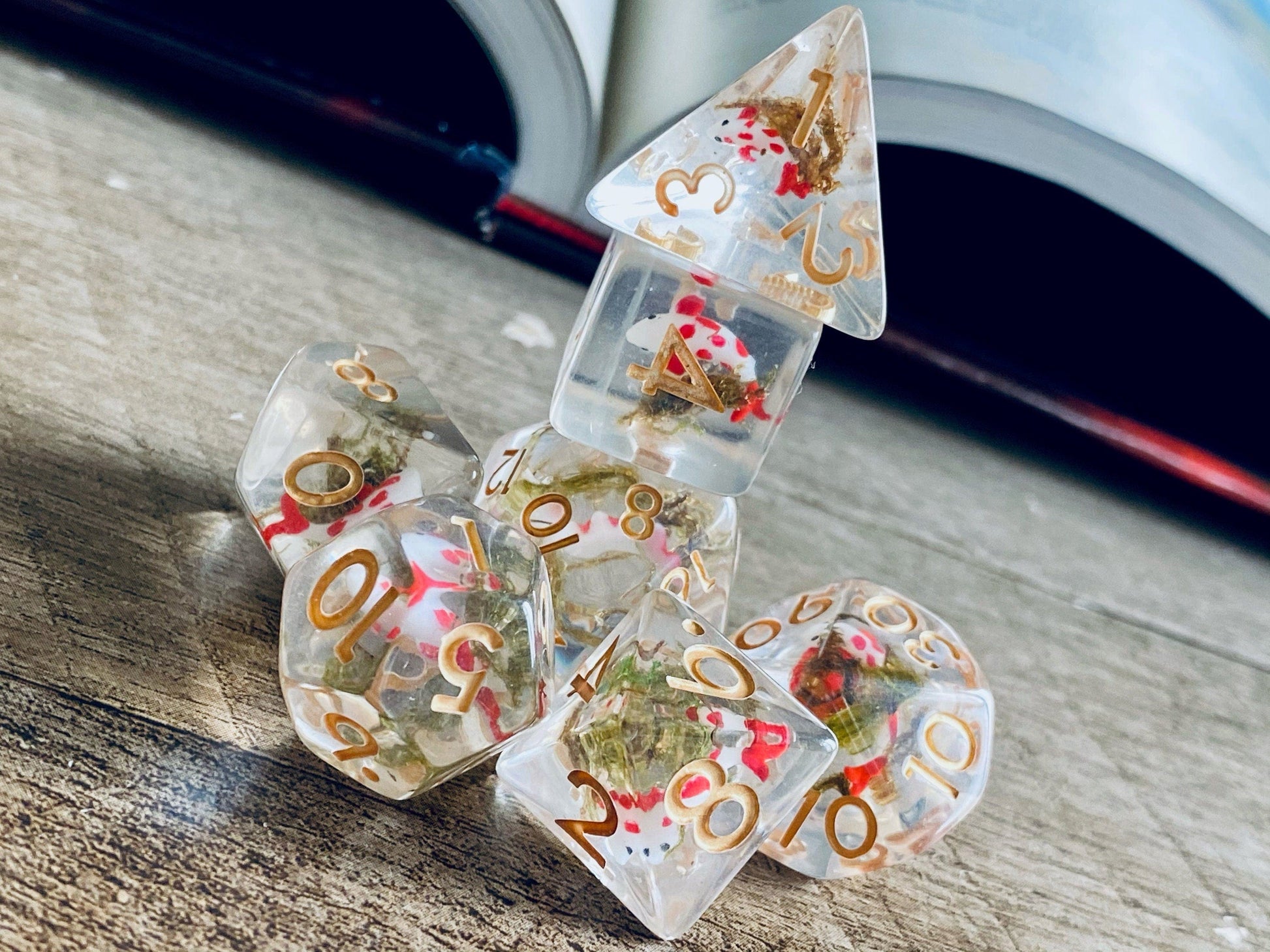 dirty wood dnd koi fish dice box Koi Fish RPG Dice Set