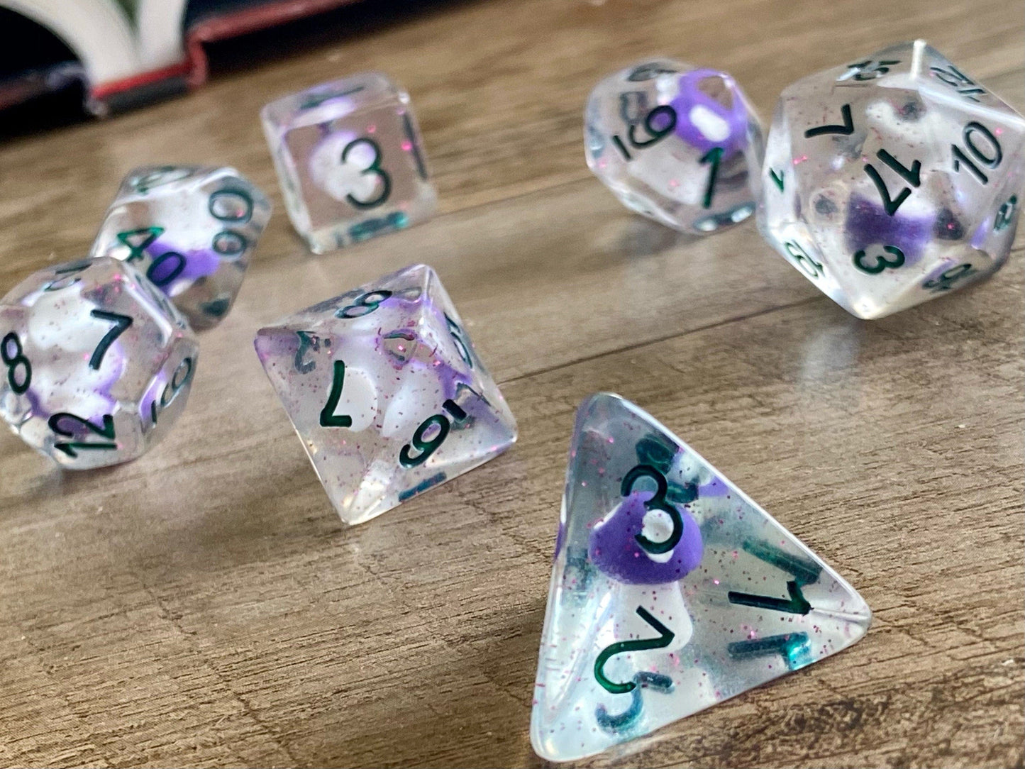 The Crooked Tavern Spore Shroom DnD Dice Set for Dungeons and Dragons | D20 TTRPG Polyhedral Dice Set | A purple shroom and sparkles in every dice!