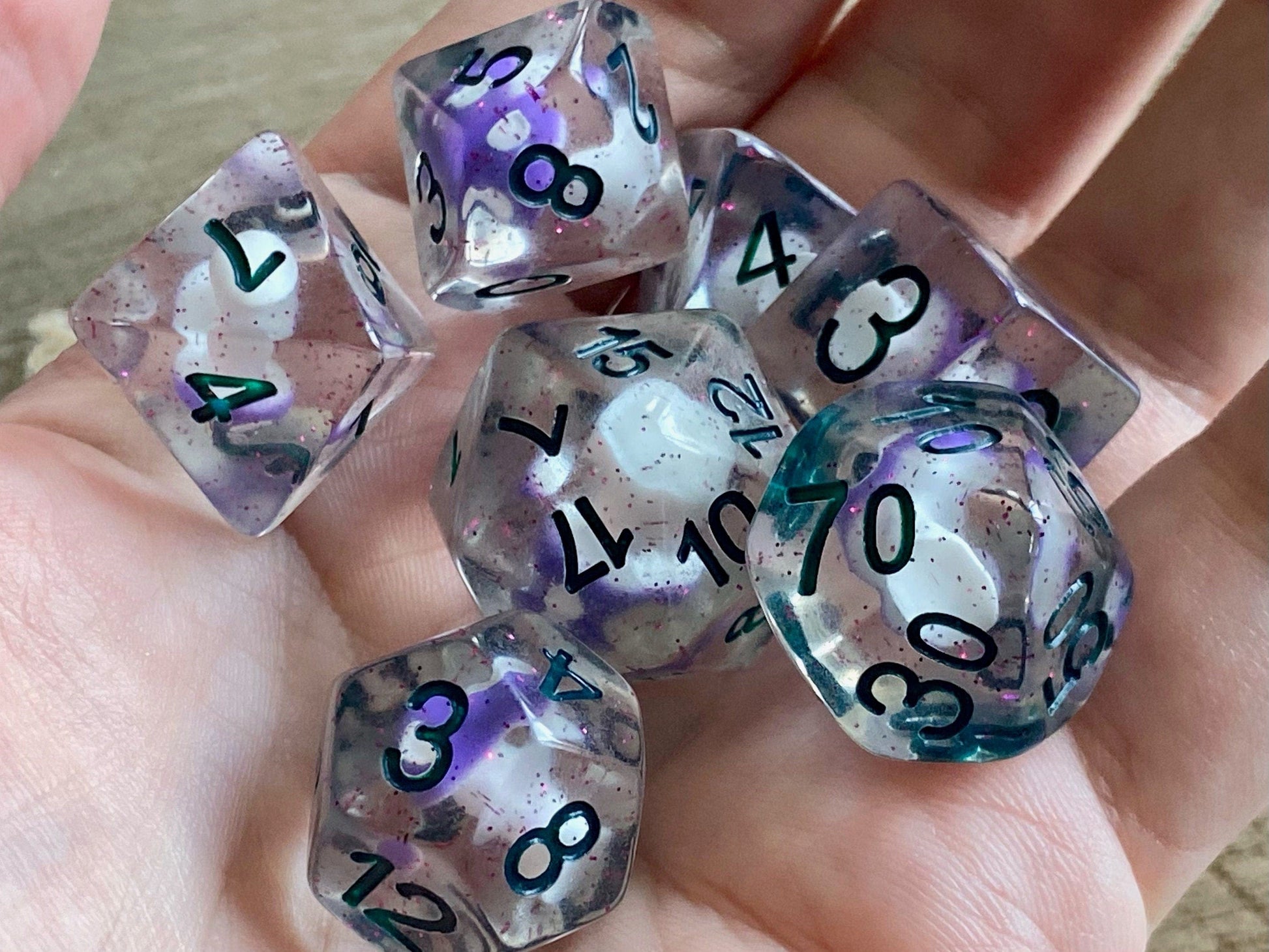 The Crooked Tavern Spore Shroom DnD Dice Set for Dungeons and Dragons | D20 TTRPG Polyhedral Dice Set | A purple shroom and sparkles in every dice!